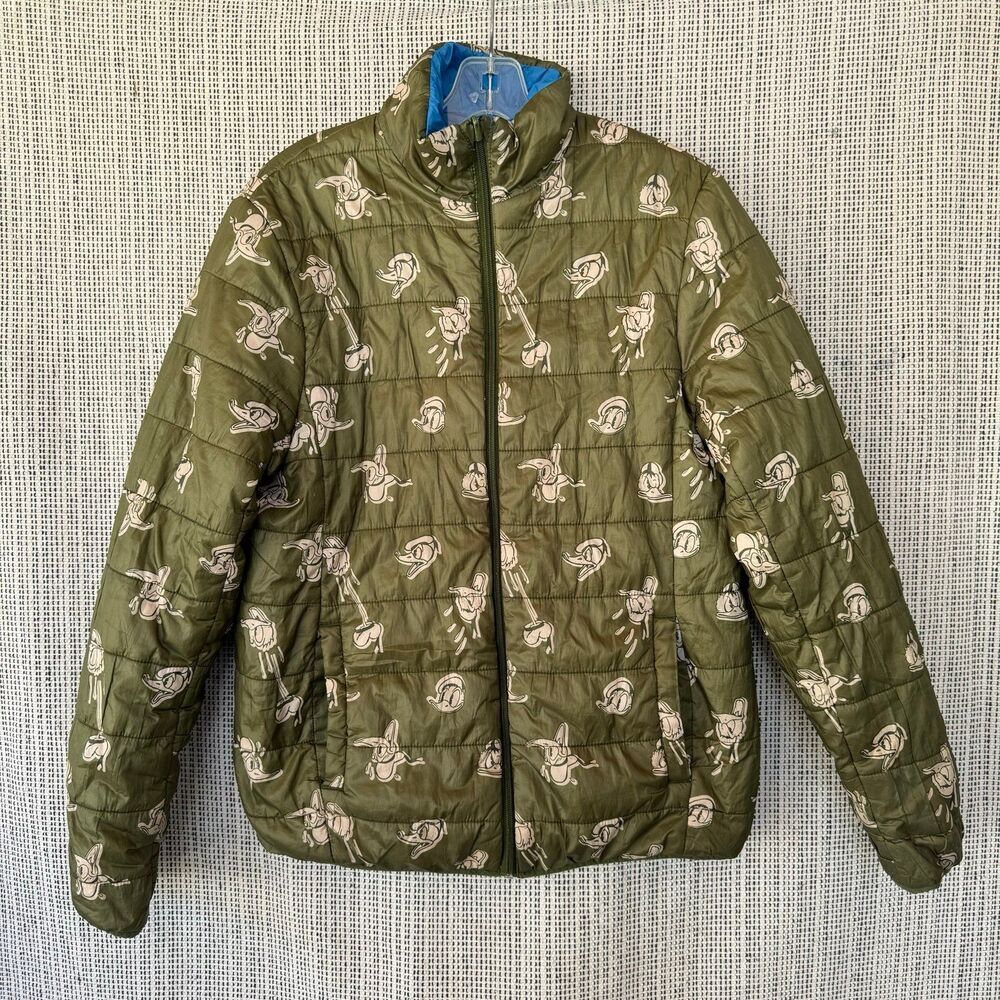 Disney Store DONALD DUCK Jacket REVERSIBLE Puffer Quilted Army Green Blue small